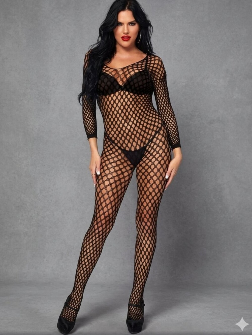 LEG AVENUE Black Seamless Long Sleeve Ring Net Bodystocking (New In Box)